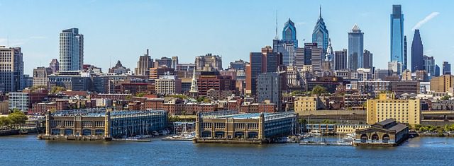 photo of panoramic of Philadelphia piers and skyline for auto transport